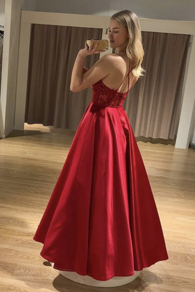 A Line Backless Long Red Lace Prom Dress, Red Lace Formal Dress, Red Evening Dress