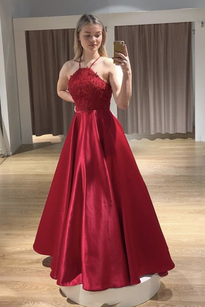 A Line Backless Long Red Lace Prom Dress, Red Lace Formal Dress, Red Evening Dress