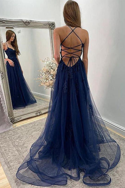 A Line Backless Navy Blue Lace Long Prom Dress with High Slit, Navy Blue Lace Formal Graduation Evening Dress A1708