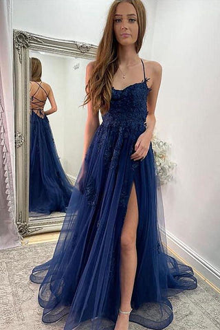 A Line Backless Navy Blue Lace Long Prom Dress with High Slit, Navy Blue Lace Formal Graduation Evening Dress A1708