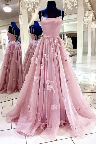Off Shoulder Pink Lace Floral Long Prom Dresses, 3D Flower Pink Long Formal  Evening Dresses