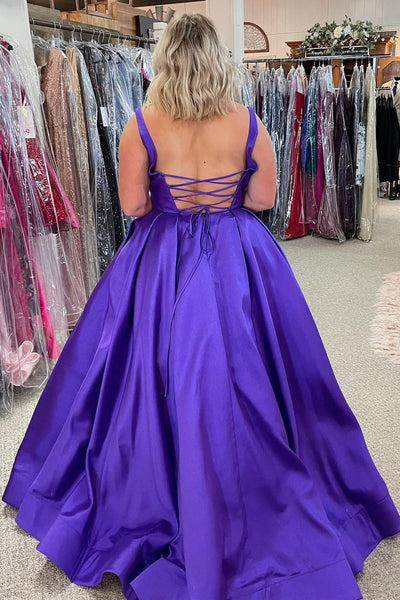 A Line Backless Purple Satin Long Prom Dress, Open Back Purple Formal Graduation Evening Dress A1481