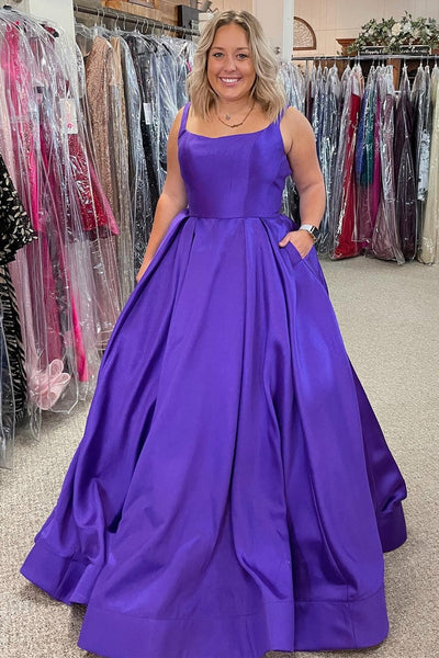 A Line Backless Purple Satin Long Prom Dress, Open Back Purple Formal Graduation Evening Dress A1481