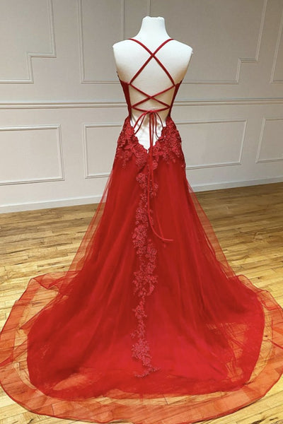 A Line Backless Red Lace Long Prom Dress, Long Red Lace Formal Dress, Red Evening Dress