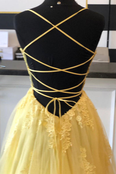 A Line Backless Yellow Lace Floral Long Prom Dress with High Slit, Open Back Yellow Lace Formal Dress, Yellow Lace Evening Dress