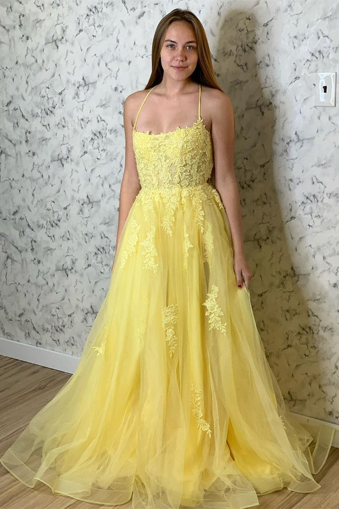A Line Backless Yellow Lace Floral Long Prom Dress with High Slit, Ope abcprom A Line Backless Yellow Lace Floral Long Prom Dress with High Slit, Ope abcprom