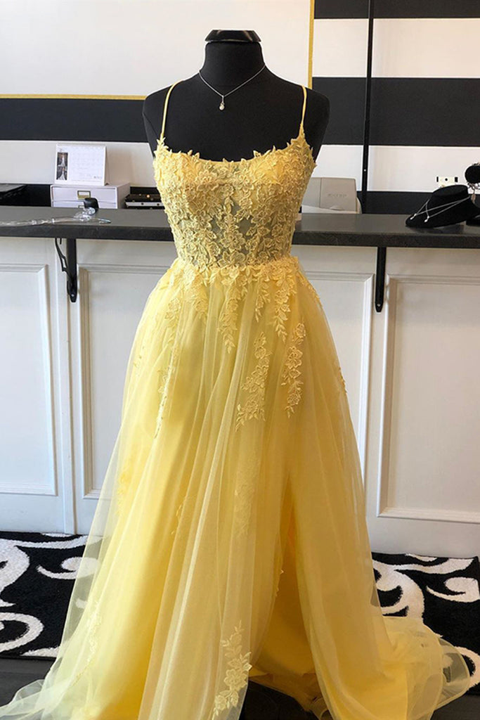 A Line Backless Yellow Lace Floral Long Prom Dress with High Slit, Ope ...