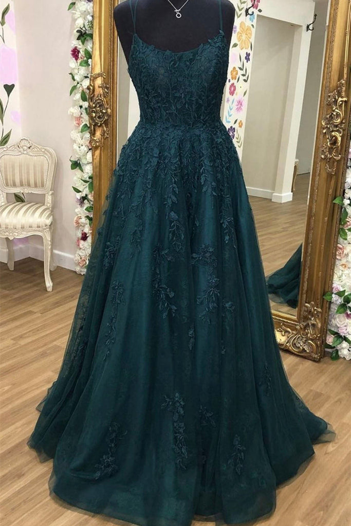 A Line Dark Green Tulle Lace Long Prom Dress, Dark Green Lace Formal  Graduation Evening Dress A1468