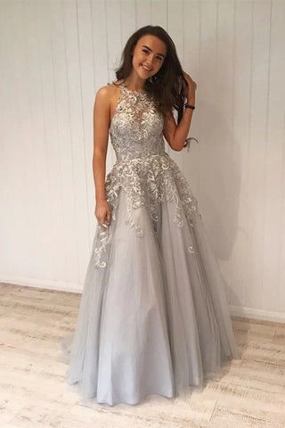 A Line Grey Lace Long Prom Dress with Appliques, Grey Lace Formal Graduation Evening Dress