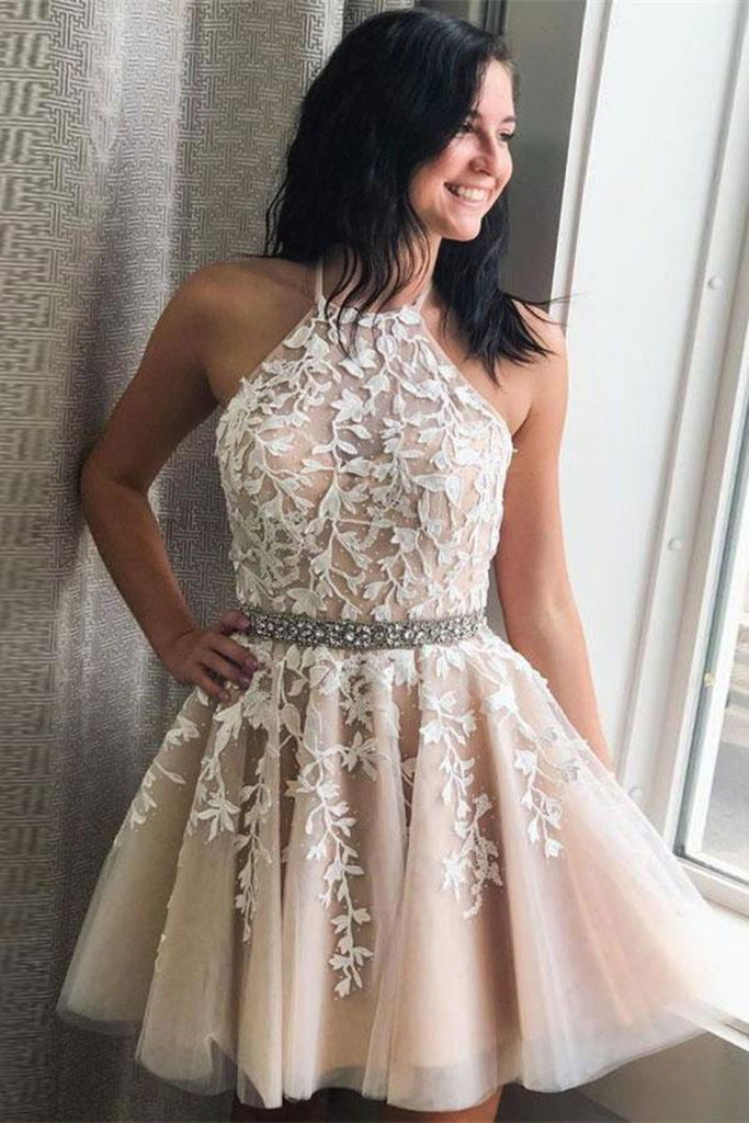 A Line Halter Neck Short Champagne Lace Prom Dress with Belt, Champane Lace Formal Graduation Homecoming Dress
