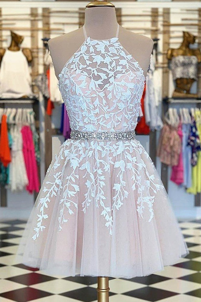 A Line Halter Neck Short Pink Lace Prom Dress with Belt, Pink Lace For abcprom A Line Halter Neck Short Pink Lace Prom Dress with Belt, Pink Lace For abcprom