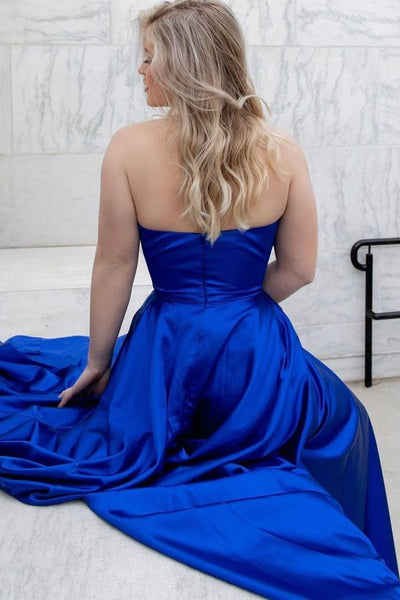 A Line Halter V Neck Royal Blue Satin Long Prom Dress with Slit, Open Back Royal Blue Formal Graduation Evening Dress