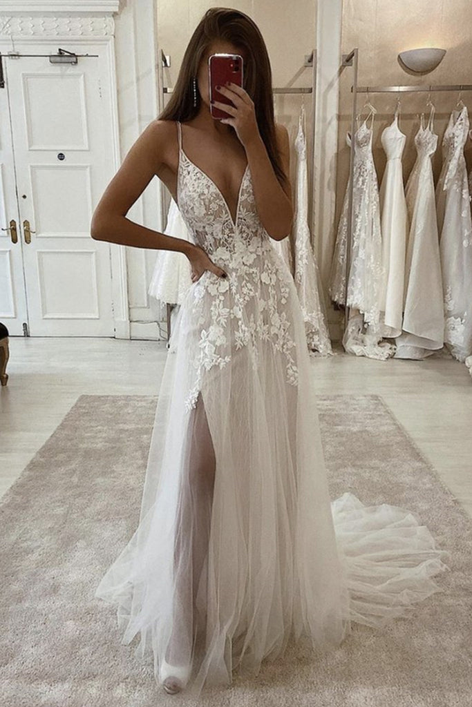 A Line Ivory Lace Long Prom Dress with Slit, Ivory Lace Wedding