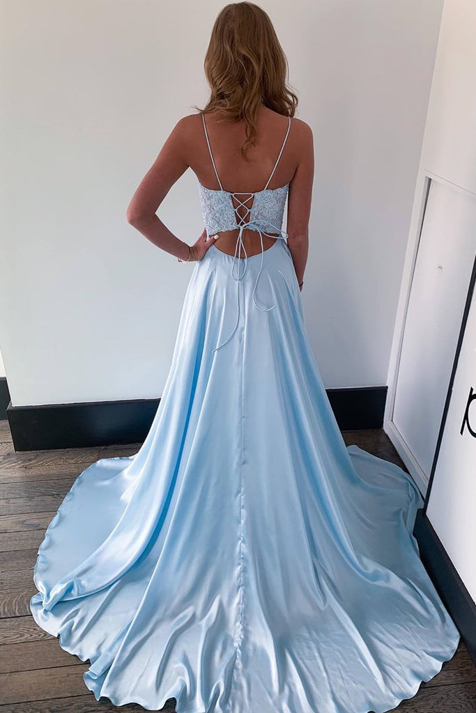 A Line Light Blue Lace Long Prom Dress with Slit, Light Blue Lace Form abcprom A Line Light Blue Lace Long Prom Dress with Slit, Light Blue Lace Form abcprom