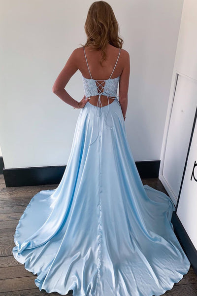 A Line Light Blue Lace Long Prom Dress with Slit, Light Blue Lace Formal Dress, Light Blue Evening Dress