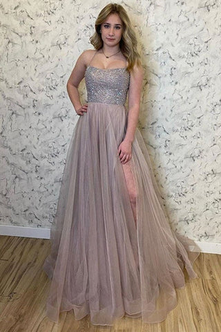 A Line Light Champagne Tulle Beaded Long Prom Dress, High Slit Champagne Formal Dress with Sequins, Beaded Champagne Evening Dress A1392