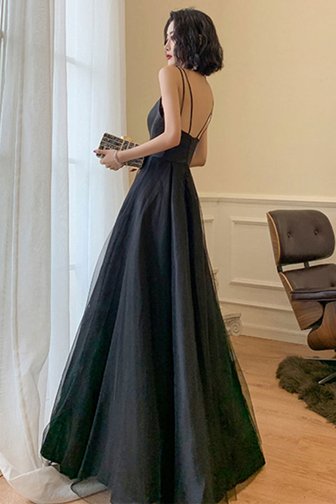 A Line Open Back Black Long Prom Dress, Long Black Formal Graduation E