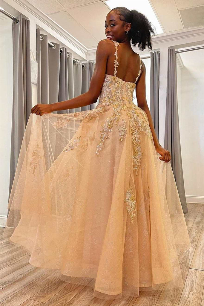 V Neck Open Back Champagne Lace Long Prom Dress, Champagne Lace Formal –  abcprom
