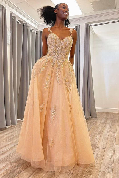 A Line Open Back Champagne Lace Tulle Long Prom Dress, Champagne Lace Formal Graduation Evening Dress A1781