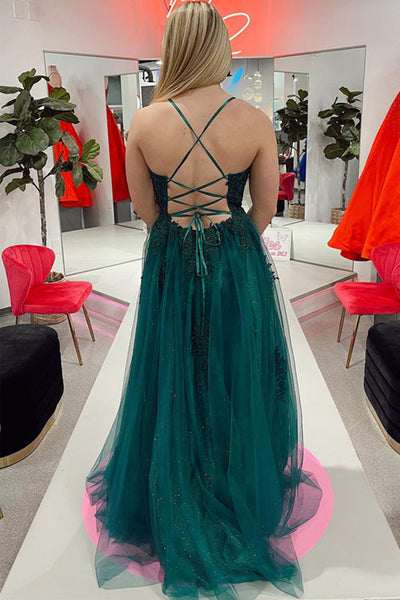 A Line Open Back Green Tulle Lace Long Prom Dress with High Slit, Green Lace Formal Graduation Evening Dress A1473