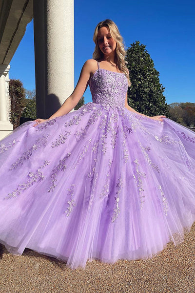 A Line Open Back Purple Lace Long Prom Dresses, Purple Lace Formal Dre ...