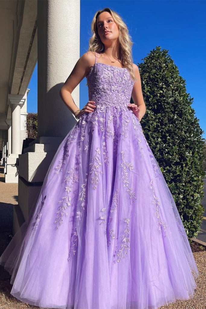 A Line Open Back Purple Lace Long Prom Dresses, Purple Lace Formal Dre ...