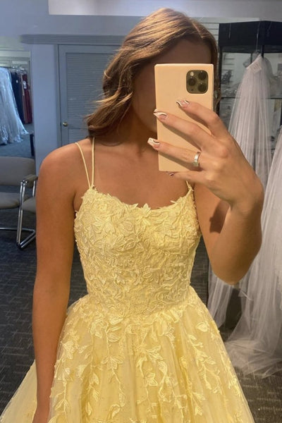 A Line Open Back Yellow Lace Long Prom Dress, Yellow Lace Formal Dress, Yellow Evening Dress A1319