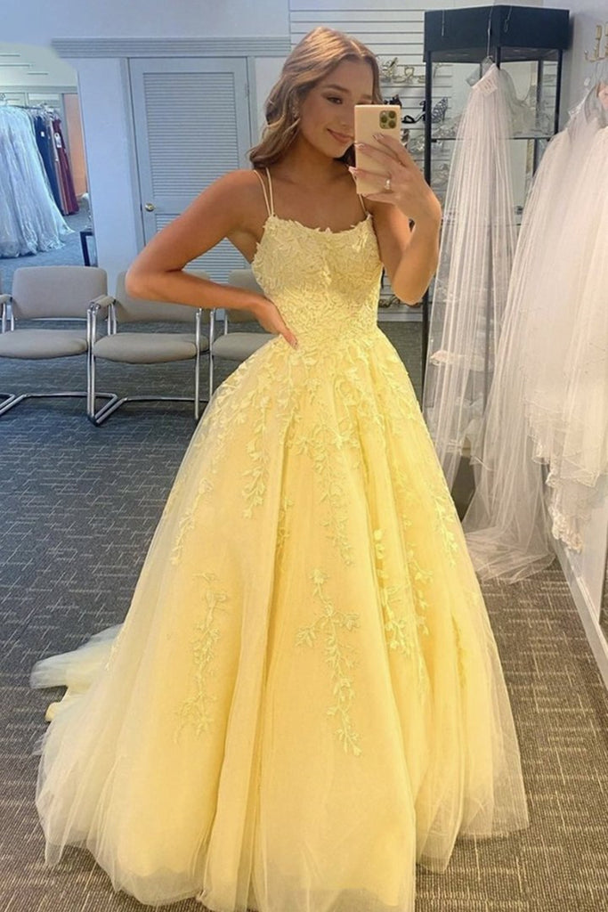 A Line Open Back Yellow Lace Long Prom Dress, Yellow Lace Formal