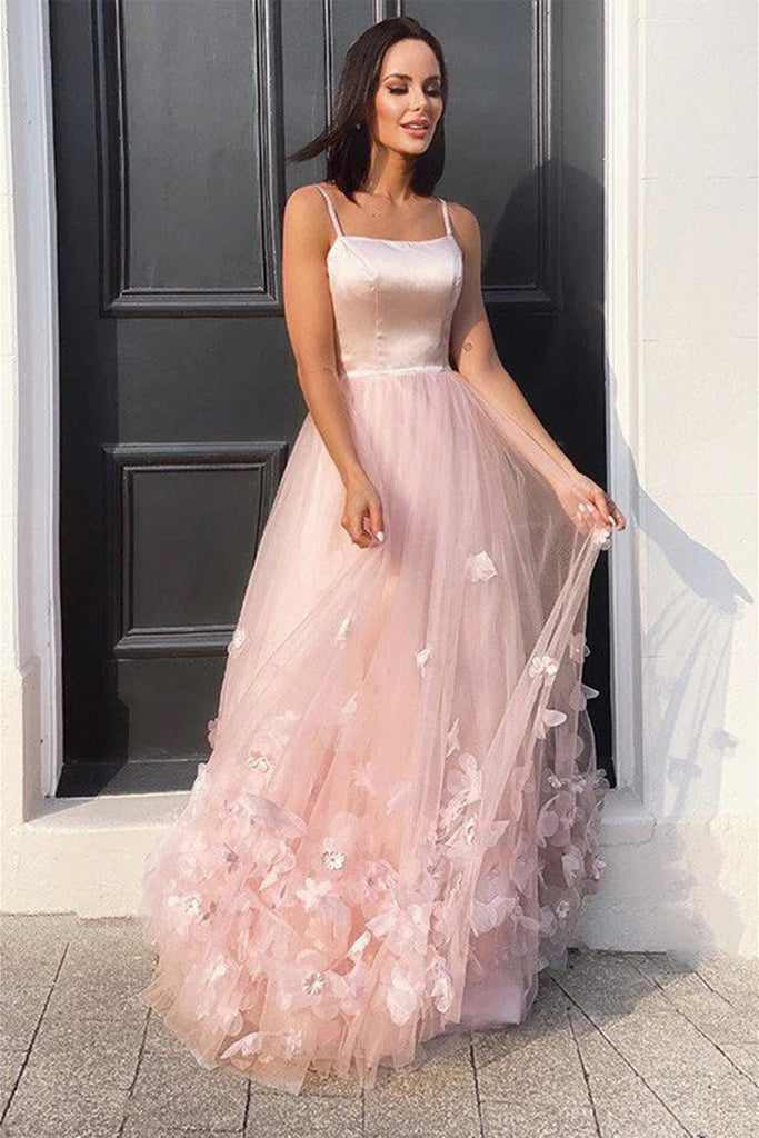 Beauty Pink Floral Tulle Long Prom Dresses, Pink Formal Dresses with 3 –  Eip Collection