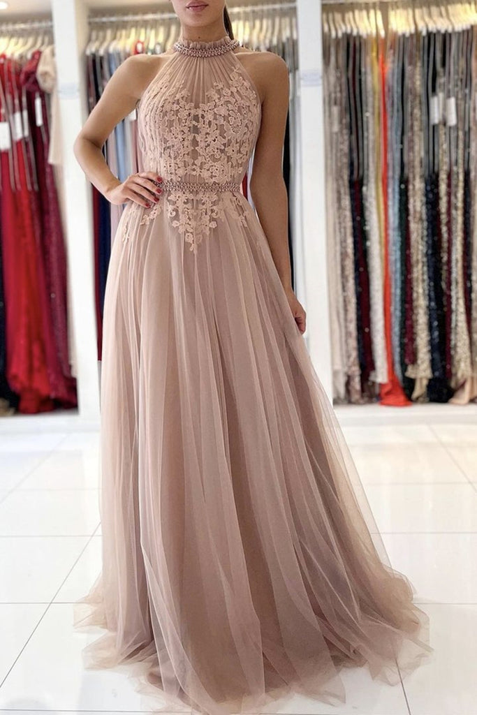 A Line Pink Lace Long Prom Dress with Belt, Pink Lace Formal Graduation Evening Dress A1352