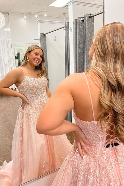 A Line Pink Tulle Lace Long Prom Dress, Pink Lace Formal Dress, Long Pink Evening Dress A1840