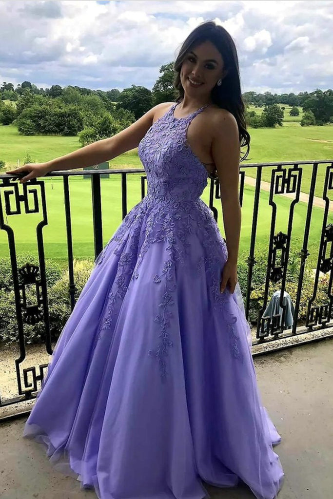 A Line Purple Lace Long Prom Dress, Purple Lace Formal Graduation Evening Dress A1309