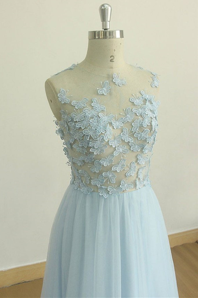 A Line Round Neck Baby Blue Lace Long Prom Dress with Butterfly, Baby