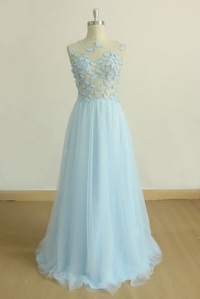 A Line Round Neck Baby Blue Lace Long Prom Dress with Butterfly, Baby abcprom A Line Round Neck Baby Blue Lace Long Prom Dress with Butterfly, Baby abcprom