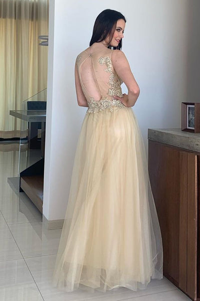 A Line Round Neck Open Back Champagne Lace Long Prom Dress, Backless Champagne Formal Dress, Champagne Lace Evening Dress