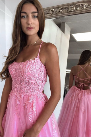 A Line Spaghetti Straps Backless Long Pink Lace Prom Dress, Pink Lace Formal Graduation Evening Dress