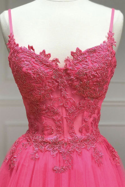 A Line Spaghetti Straps Beaded Pink Lace Long Prom Dress, Pink Lace Formal Dress, Pink Tulle Evening Dress A1494