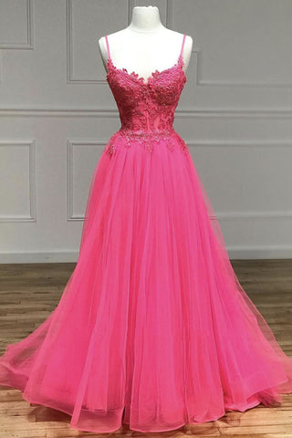 A Line Spaghetti Straps Beaded Pink Lace Long Prom Dress, Pink Lace Formal Dress, Pink Tulle Evening Dress A1494