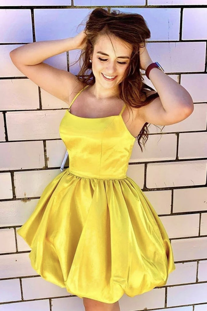 A Line Spaghetti Straps Short Yellow Satin Prom Homecoming Dress, Yell abcprom A Line Spaghetti Straps Short Yellow Satin Prom Homecoming Dress, Yell abcprom