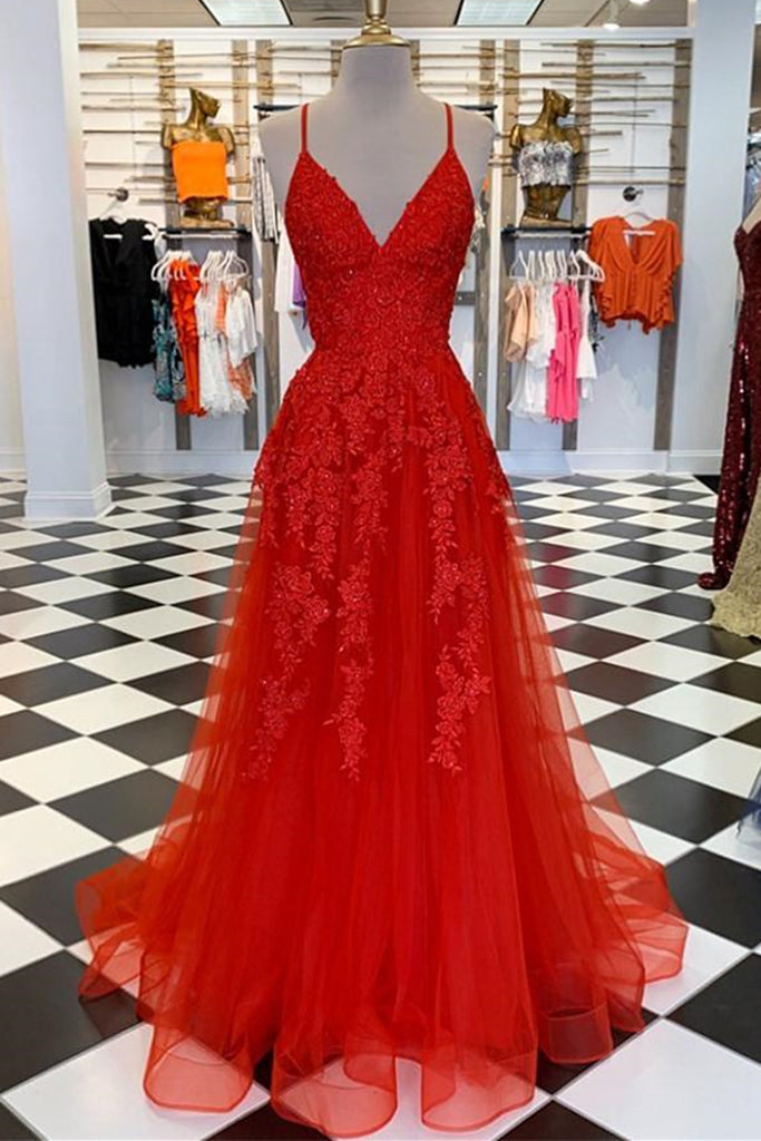 A Line Spaghetti Straps V Neck Red Lace Long Prom Dress, Red Lace Form abcprom A Line Spaghetti Straps V Neck Red Lace Long Prom Dress, Red Lace Form abcprom