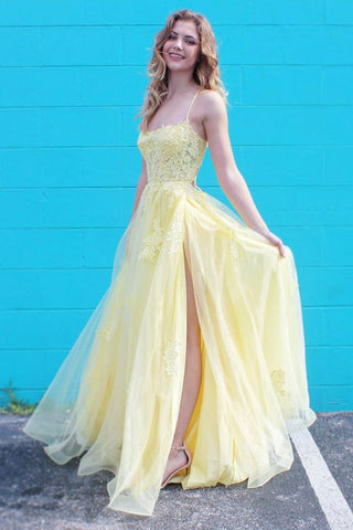 A Line Spaghetti Straps Yellow Lace Long Prom Dress with Slit, Yellow Lace Formal Graduation Evening Dress