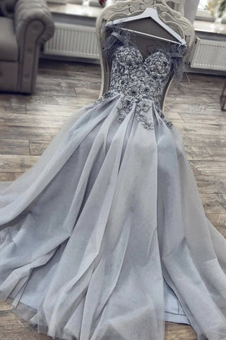A Line Sweetheart Neck Long Gray Lace Prom Dress, Gray Lace Formal Dress, Grey Evening Dress