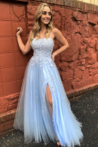 A Line Thin Strap Light Blue Lace Long Prom Dress with Slit, Light Blue Lace Formal Evening Dress