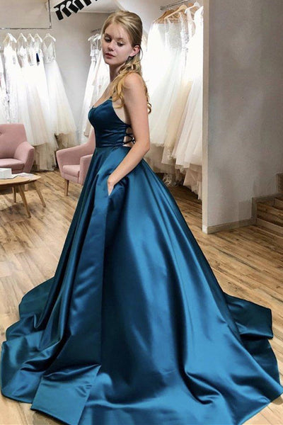 A Line Thin Straps Open Back Blue Long Prom Dress, Backless Blue Formal Evening Dress