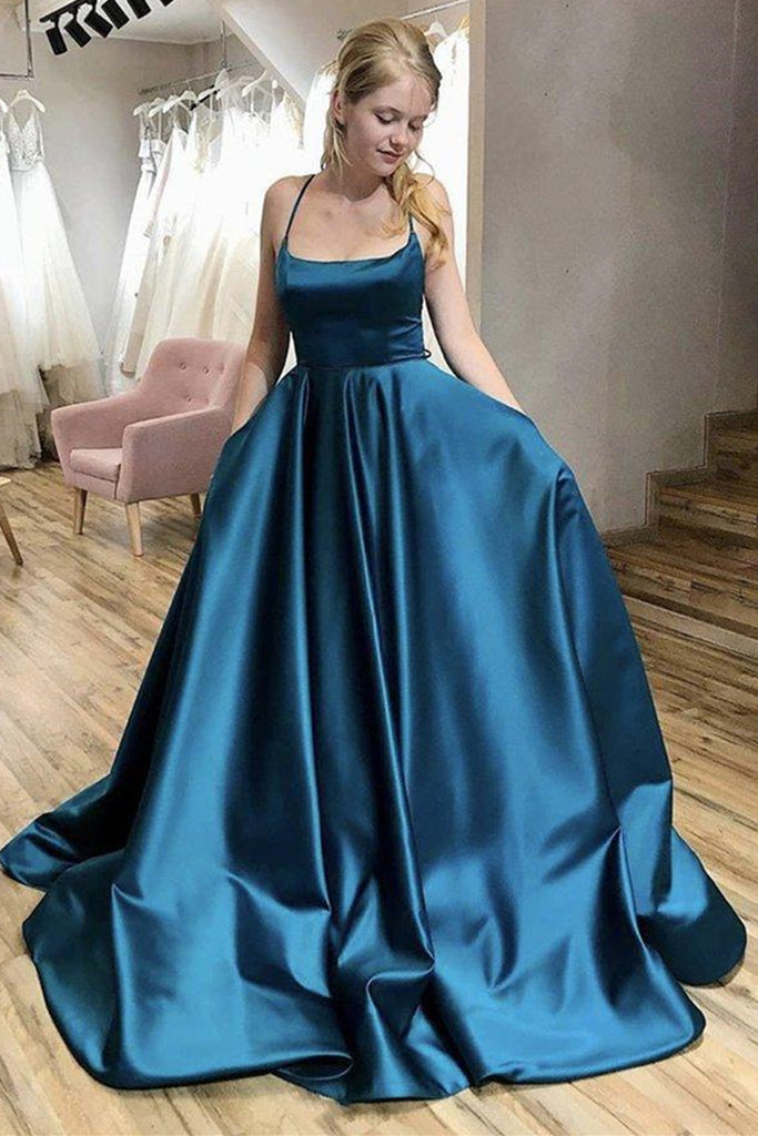 A Line Thin Straps Open Back Blue Long Prom Dress, Backless Blue Forma abcprom A Line Thin Straps Open Back Blue Long Prom Dress, Backless Blue Forma abcprom