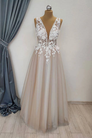 A Line V Neck Appliques White Lace Champagne Prom Dress, Champagne Lace Formal Graduation Evening Dress