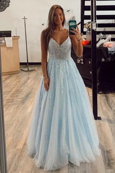A Line V Neck Backless Baby Blue Lace Long Prom Dress, Baby Blue Lace