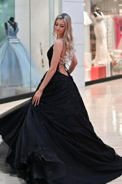 A Line V Neck Backless Black Lace Prom Dress Long, Black Lace Formal Dress, Black Evening Dress A1859