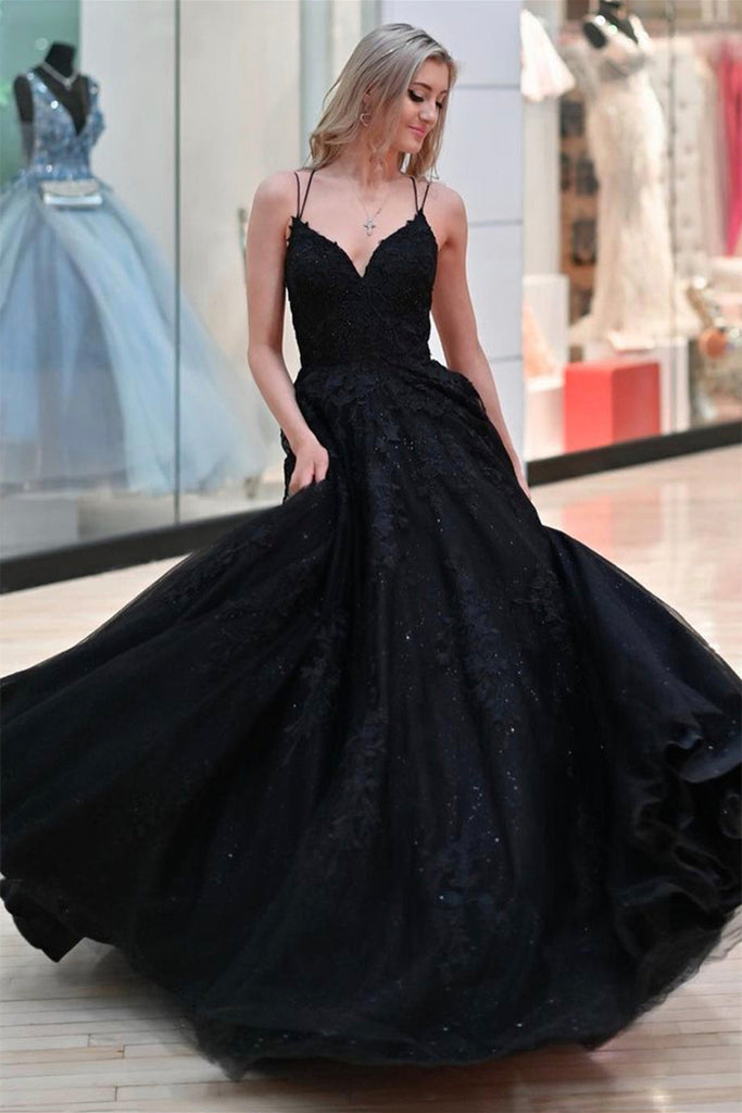 A Line V Neck Backless Black Lace Prom Dress Long, Black Lace Formal D