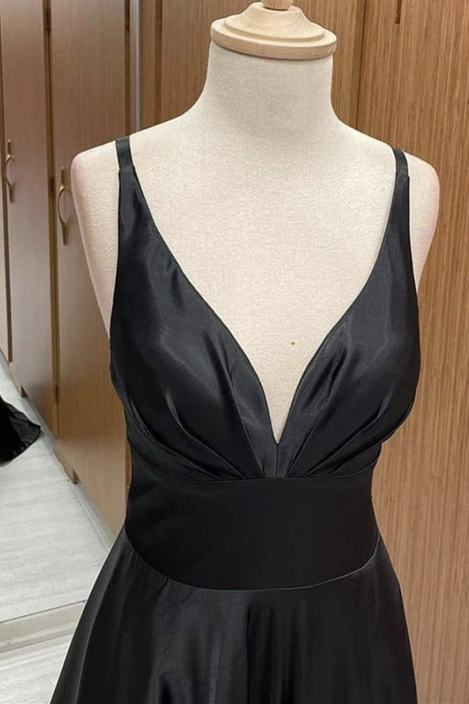 A Line V Neck Backless Black Long Prom Dresses, V Neck Black Formal Dr